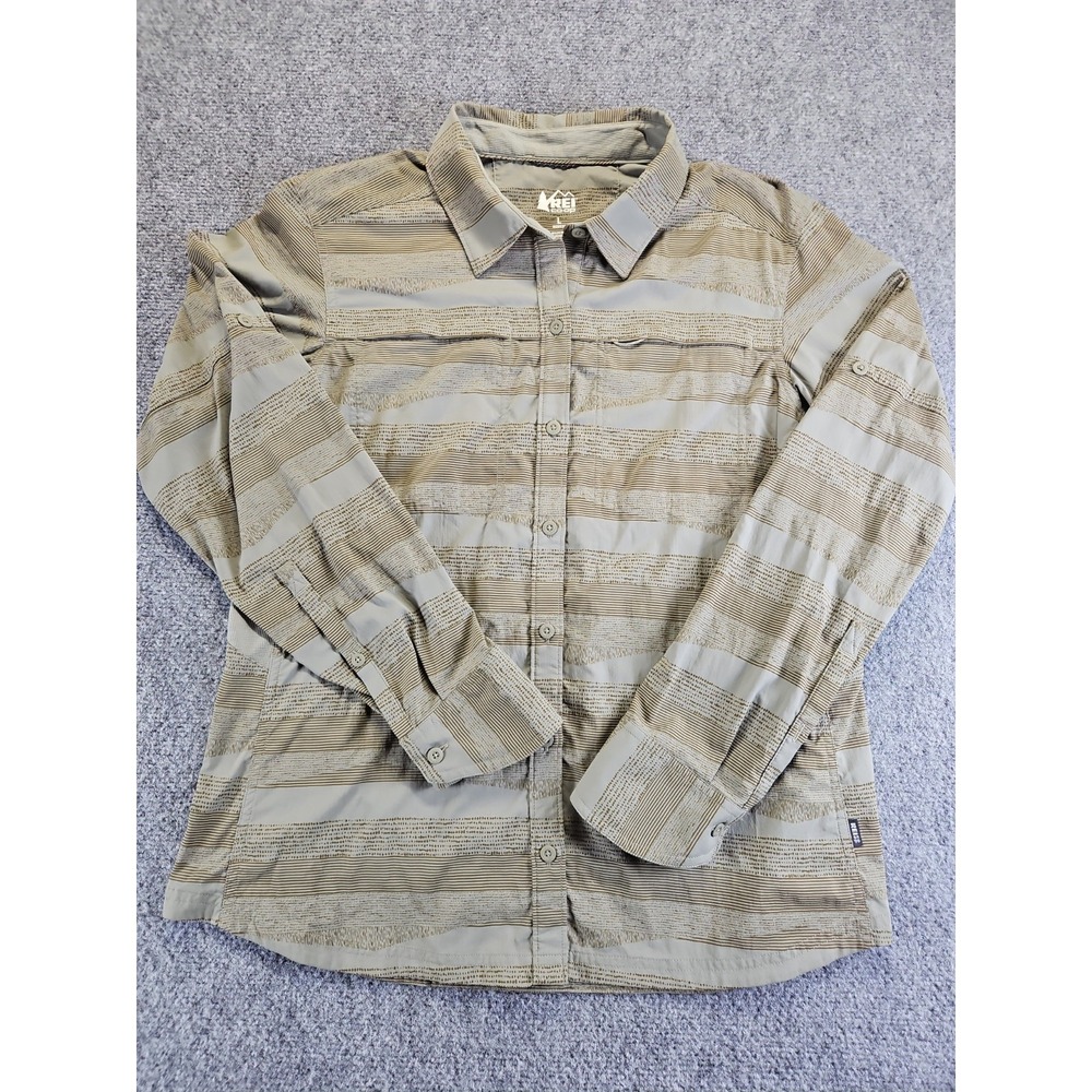REI Long Sleeve Button Up Shirt Womens Lrg Nylon Blend Side Panel Outdoor 1630